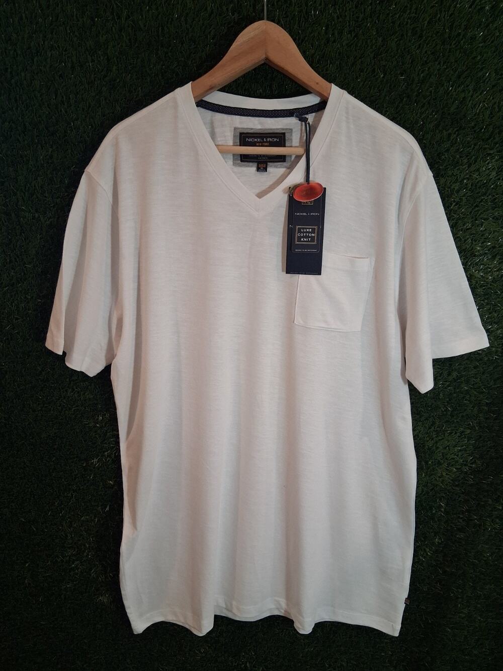 Nickel & Iron Men’s XL White V-Neck Pocket T-Shirt Luxe Cotton Knit NWT 24” P2P